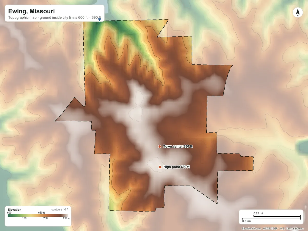 Topographic elevation map of Ewing, Missouri, shaded from 600 ft on the northwest side to 690 ft near the middle