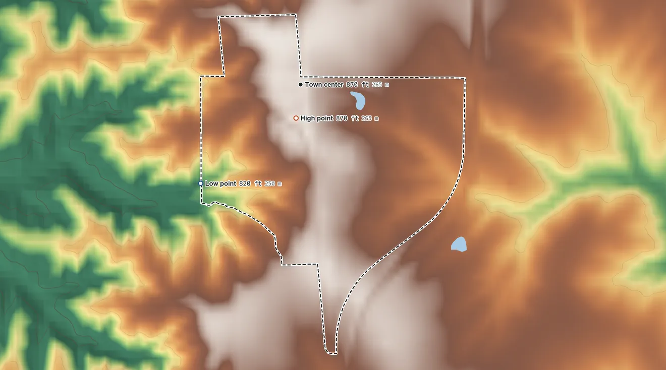 Topographic elevation map of Excello, Missouri, shaded from 820 ft on the southwest side to 870 ft near the middle