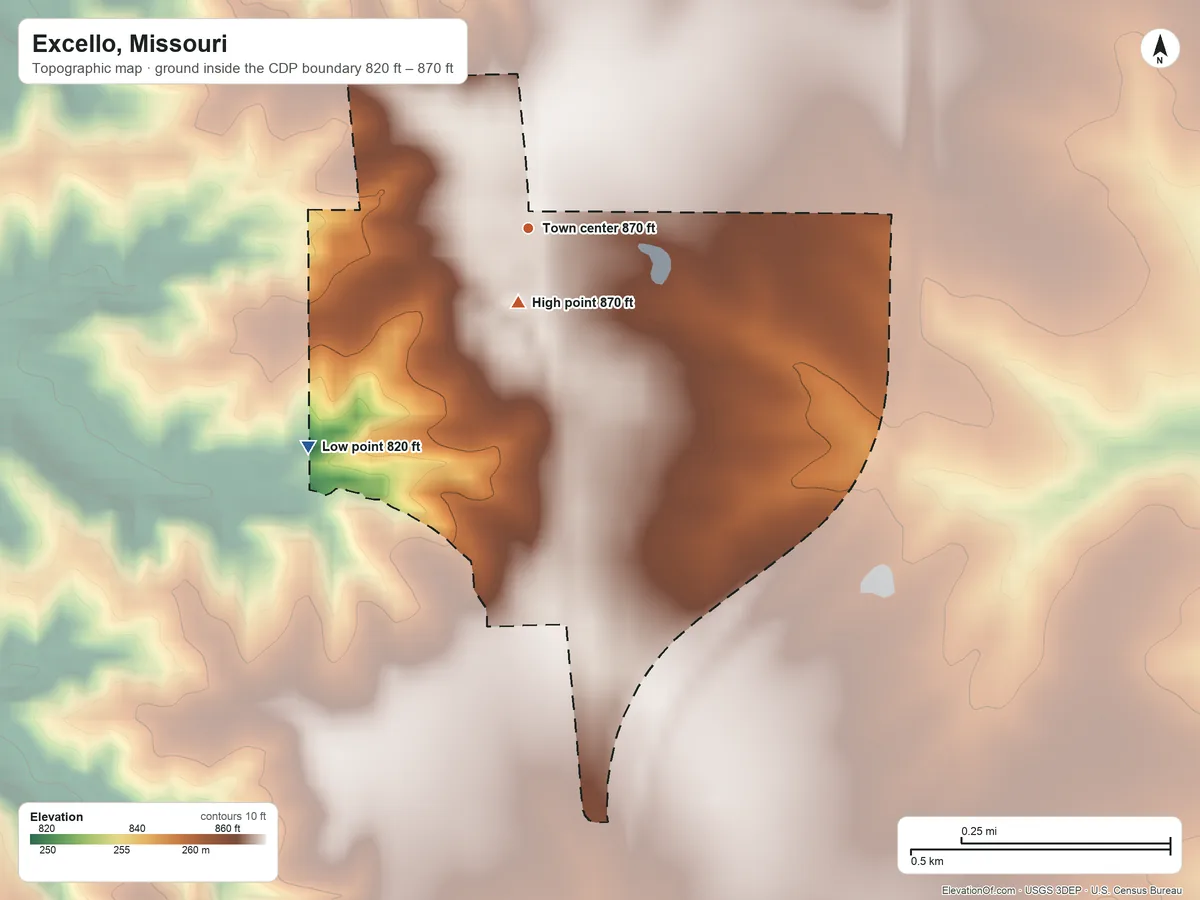 Topographic elevation map of Excello, Missouri, shaded from 820 ft on the southwest side to 870 ft near the middle