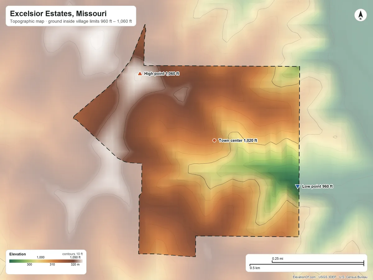 Topographic elevation map of Excelsior Estates, Missouri, shaded from 960 ft on the southeast side to 1,060 ft on the northwest side