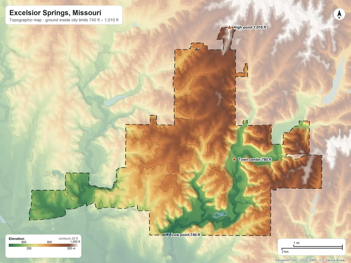 Topographic elevation map of Excelsior Springs, Missouri, shaded from 740 ft on the southwest side to 1,010 ft on the north side