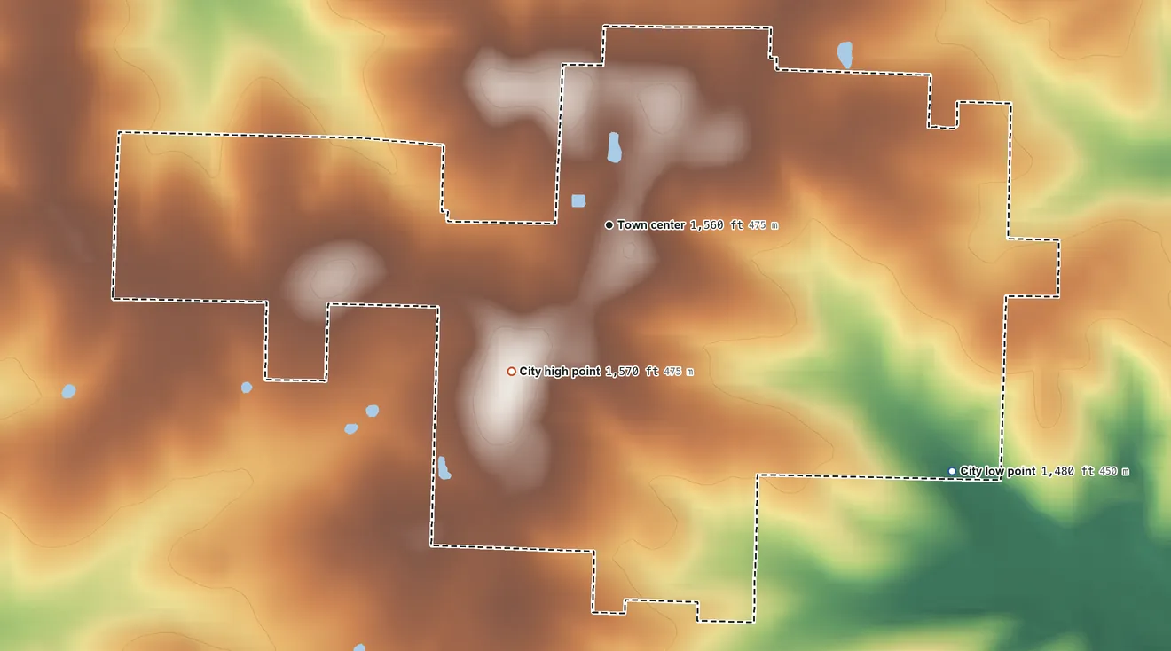 Topographic elevation map of Exeter, Missouri, shaded from 1,480 ft on the southeast side to 1,570 ft on the southwest side