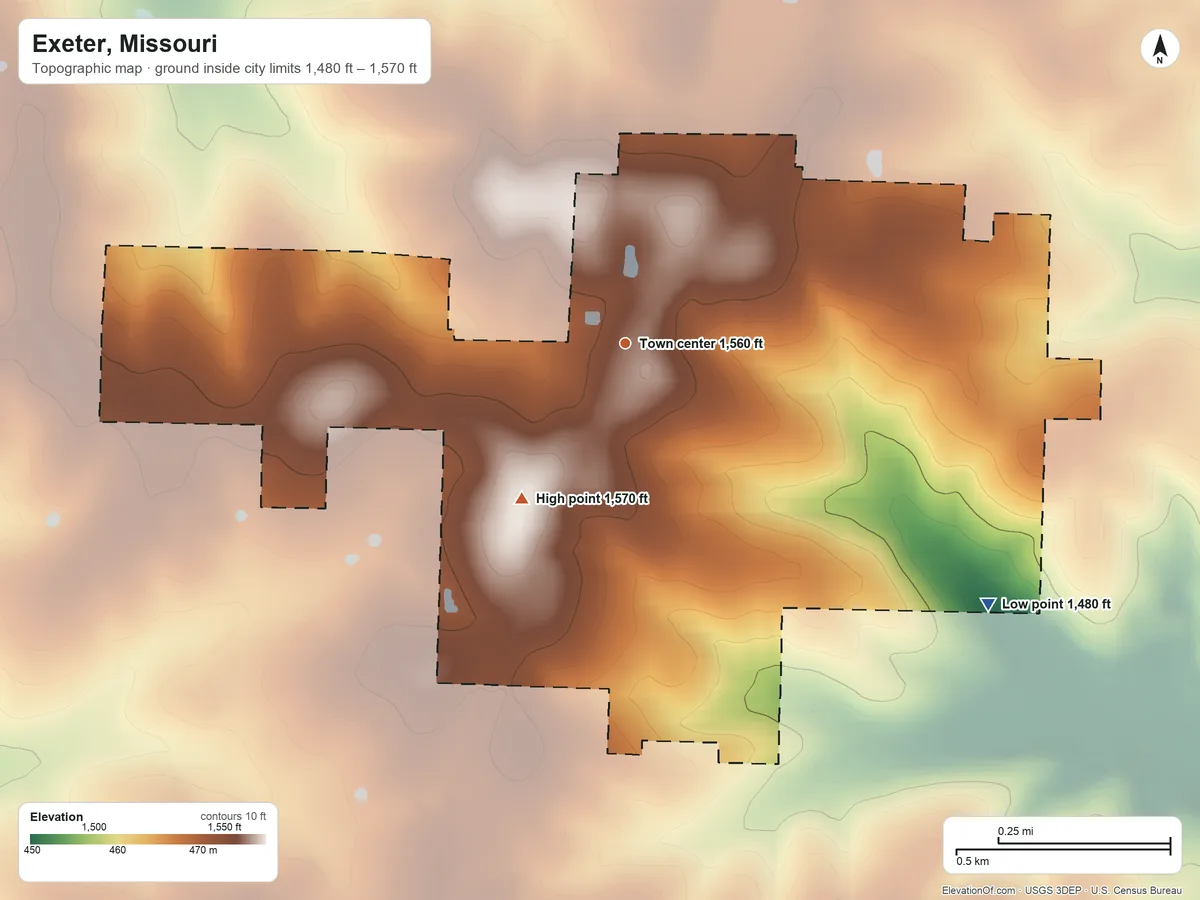Topographic elevation map of Exeter, Missouri, shaded from 1,480 ft on the southeast side to 1,570 ft on the southwest side