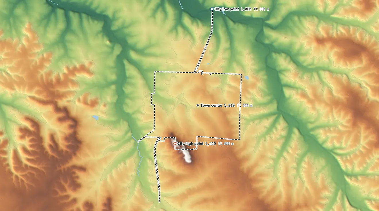 Topographic elevation map of Fair Grove, Missouri, shaded from 1,080 ft on the north side to 1,420 ft on the southwest side