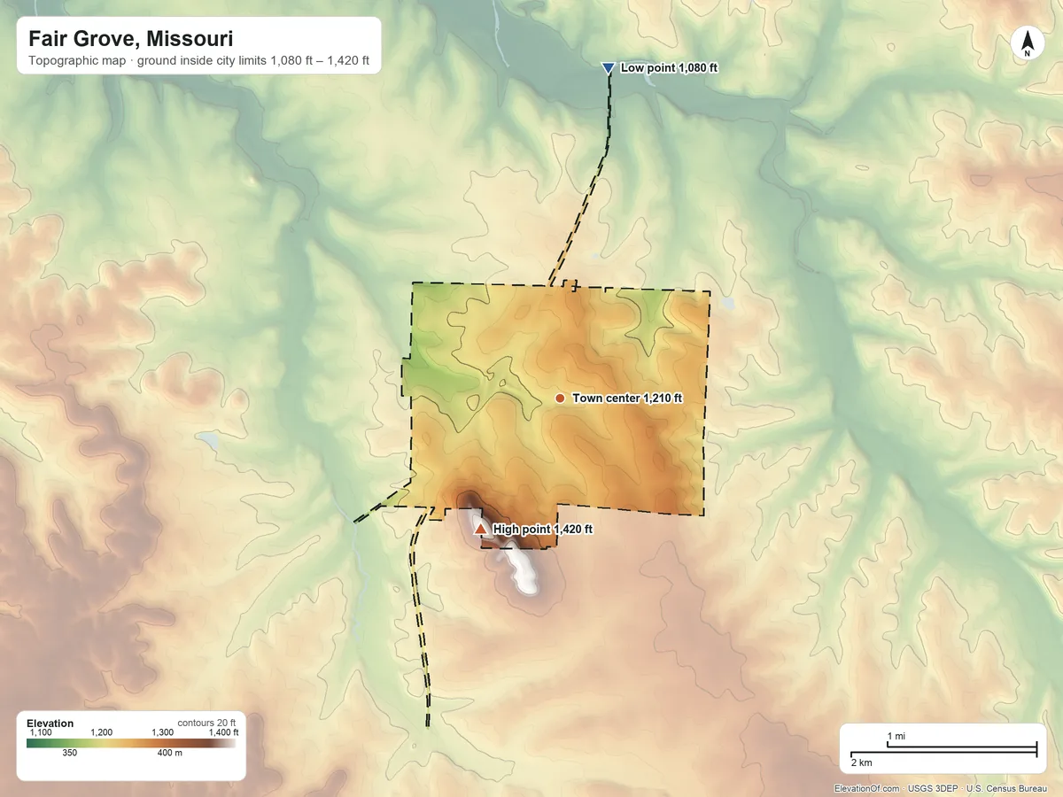 Topographic elevation map of Fair Grove, Missouri, shaded from 1,080 ft on the north side to 1,420 ft on the southwest side