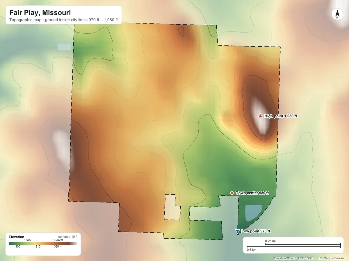 Topographic elevation map of Fair Play, Missouri, shaded from 970 ft on the south side to 1,080 ft on the north side