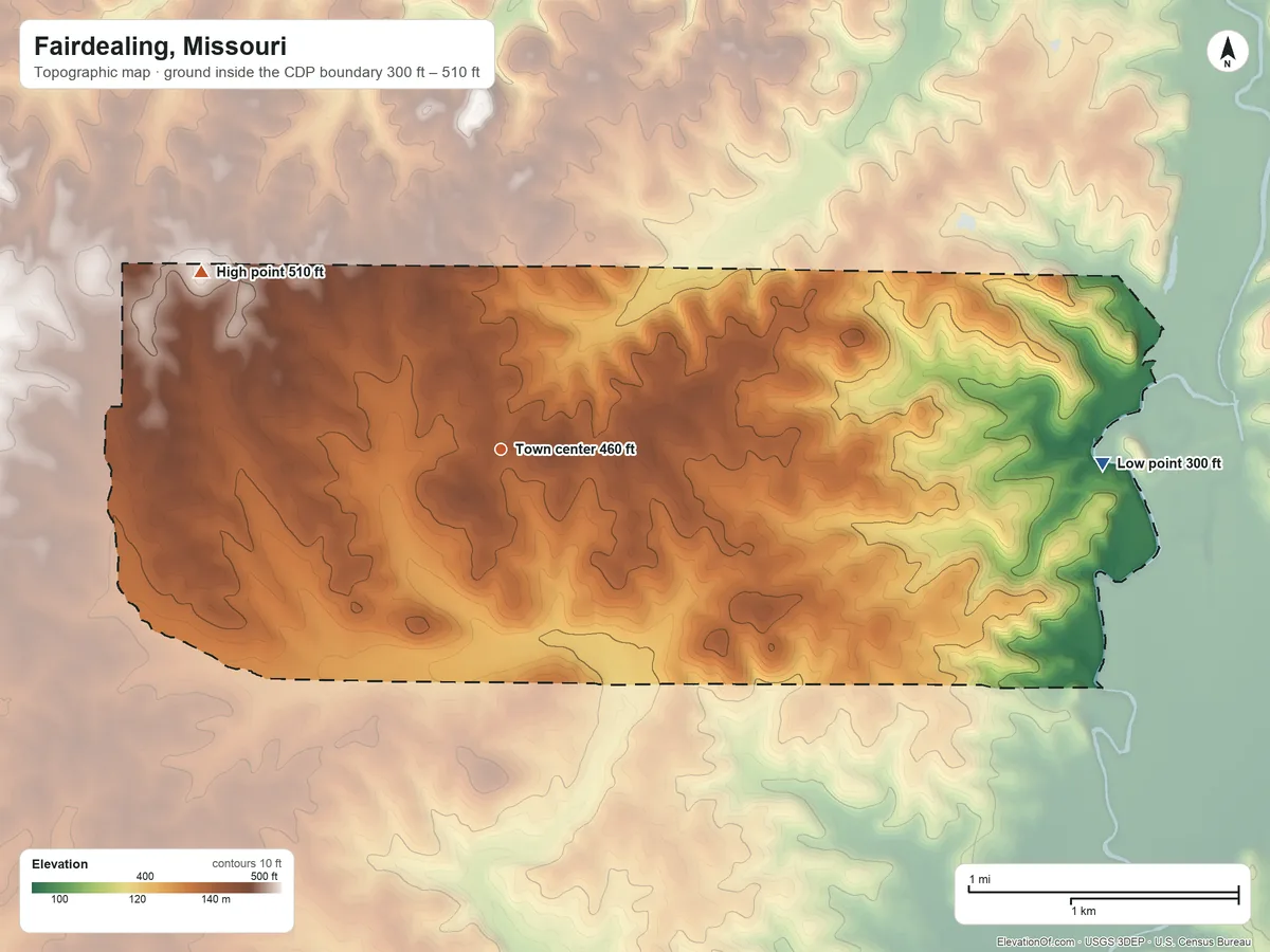 Topographic elevation map of Fairdealing, Missouri, shaded from 300 ft on the east side to 510 ft on the northwest side