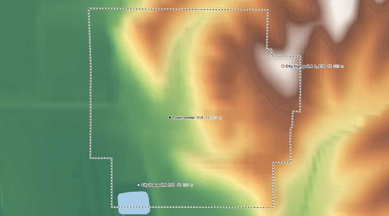 Topographic elevation map of Fairfax, Missouri, shaded from 880 ft on the southwest side to 1,030 ft on the northeast side