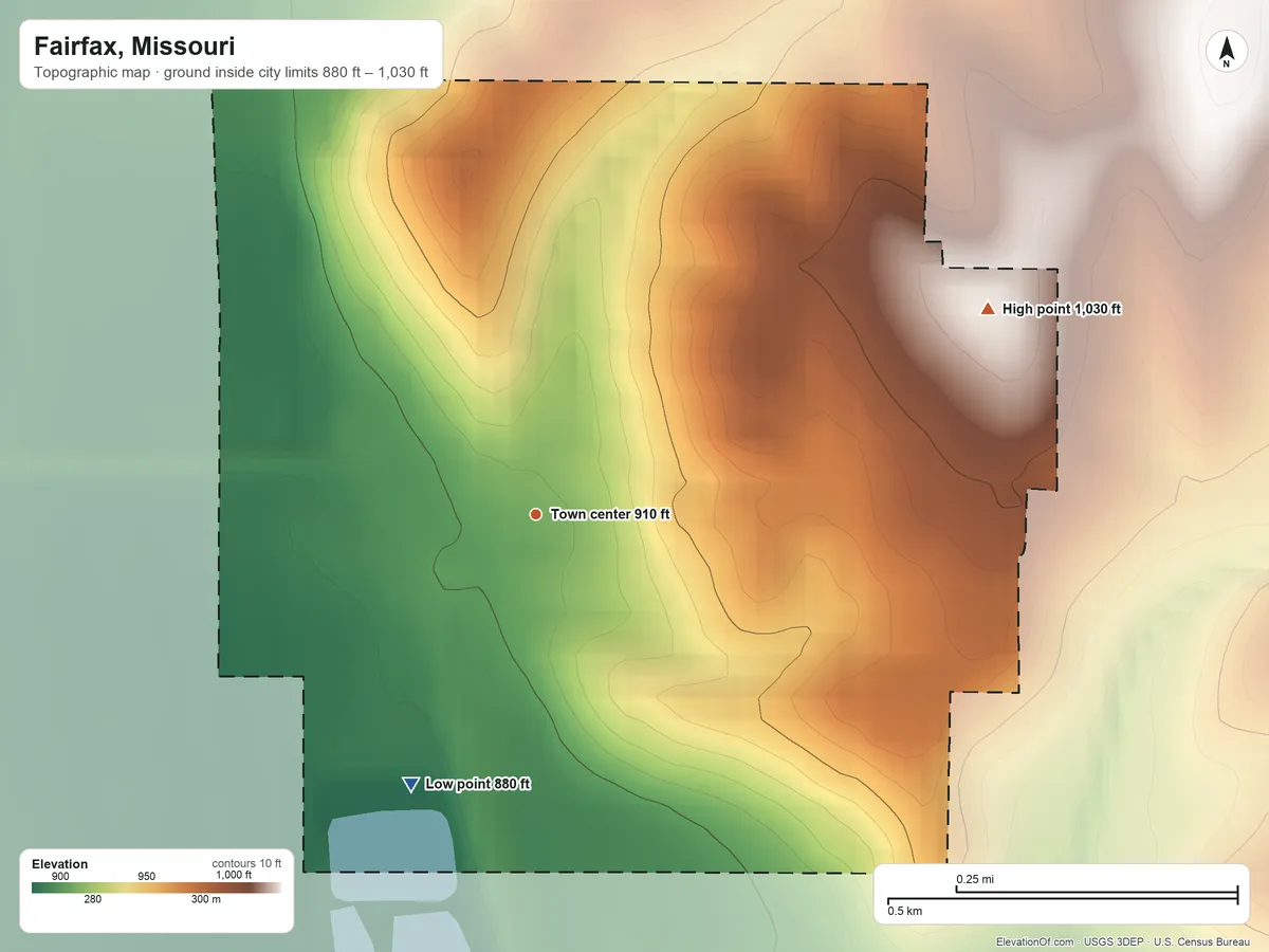 Topographic elevation map of Fairfax, Missouri, shaded from 880 ft on the southwest side to 1,030 ft on the northeast side