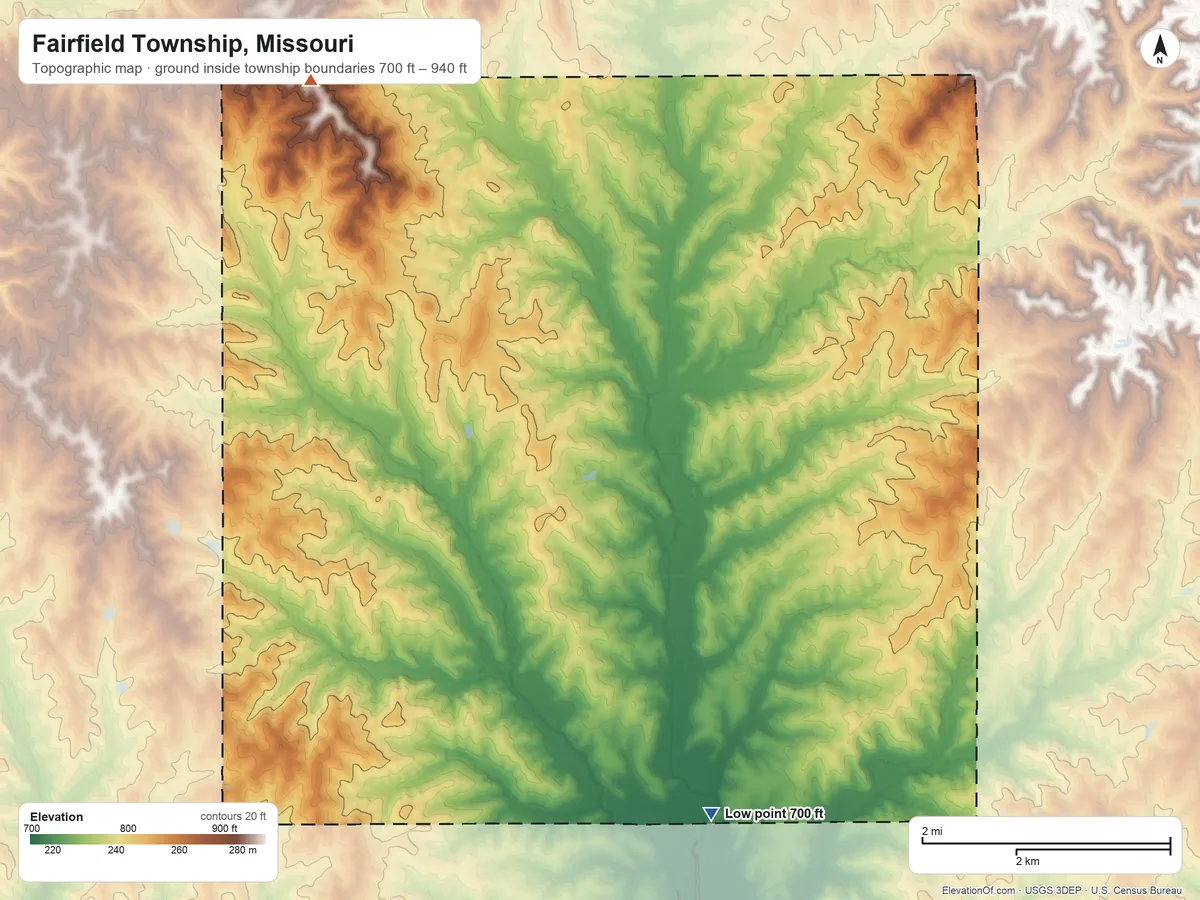Topographic elevation map of Fairfield Township, Missouri, shaded from 700 ft on the southeast side to 940 ft on the northwest side