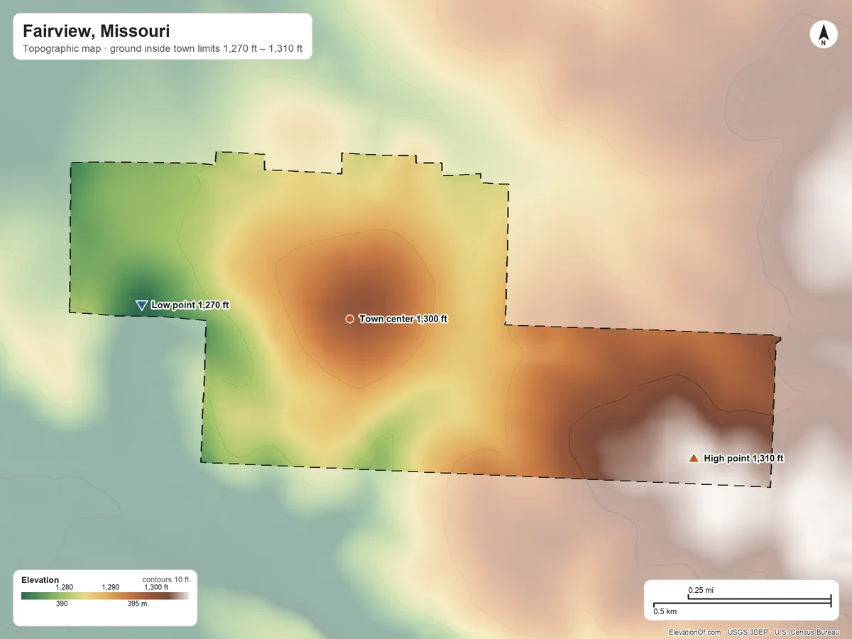 Topographic elevation map of Fairview, Missouri, shaded from 1,270 ft on the west side to 1,310 ft on the east side