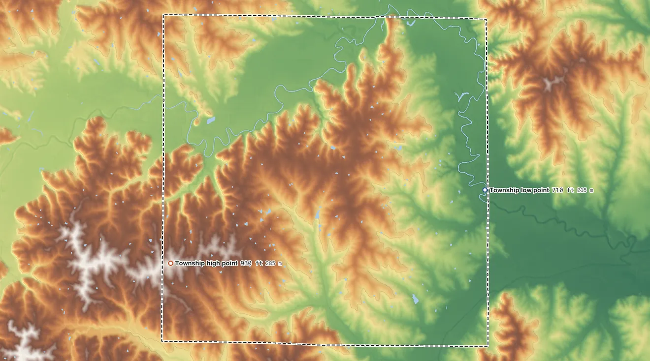 Topographic elevation map of Fairview Township, Caldwell County, Missouri, shaded from 710 ft on the east side to 930 ft on the west side