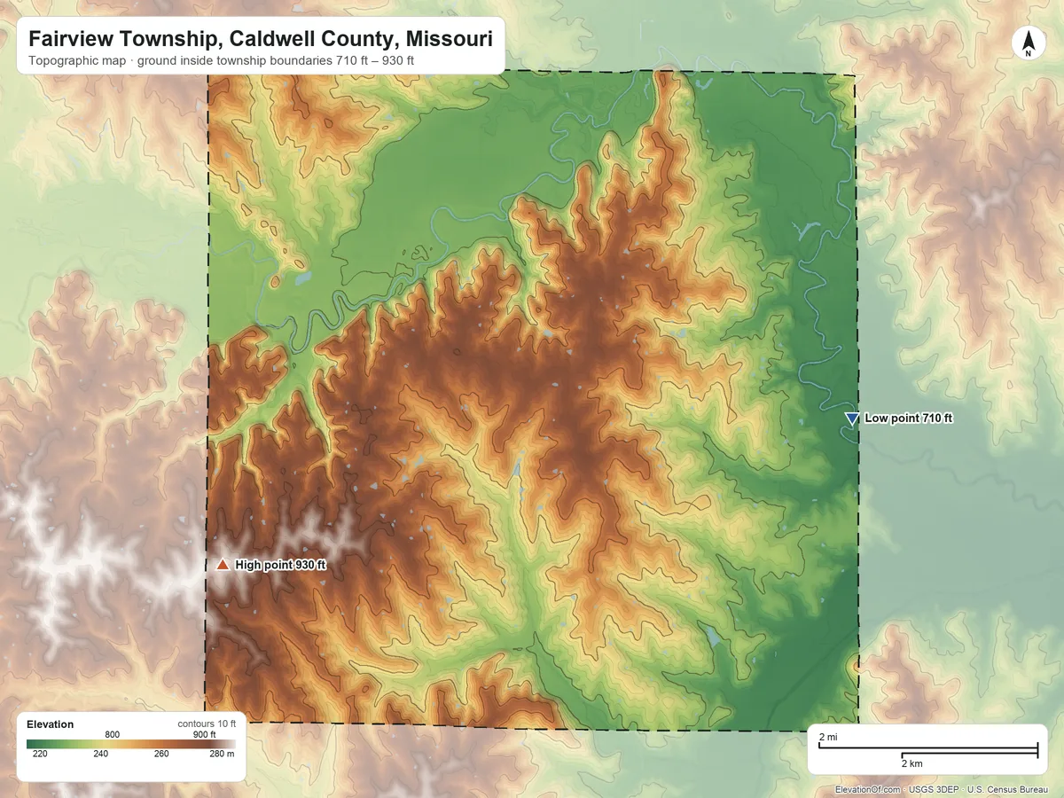 Topographic elevation map of Fairview Township, Caldwell County, Missouri, shaded from 710 ft on the east side to 930 ft on the west side