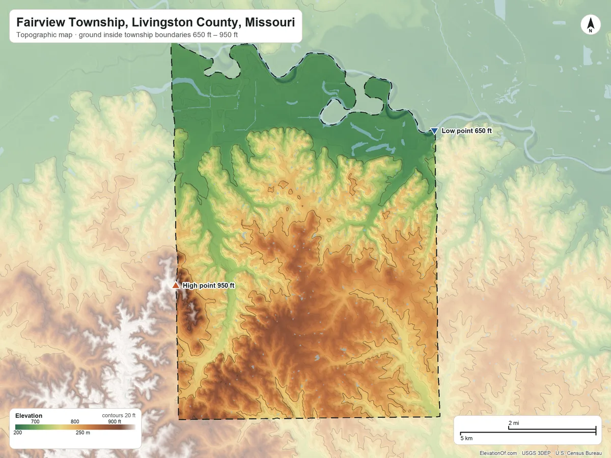 Topographic elevation map of Fairview Township, Livingston County, Missouri, shaded from 650 ft on the northeast side to 950 ft on the west side