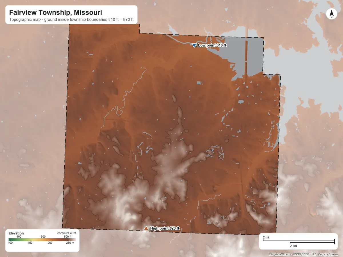 Topographic elevation map of Fairview Township, Missouri, shaded from 310 ft on the north side to 870 ft on the southwest side