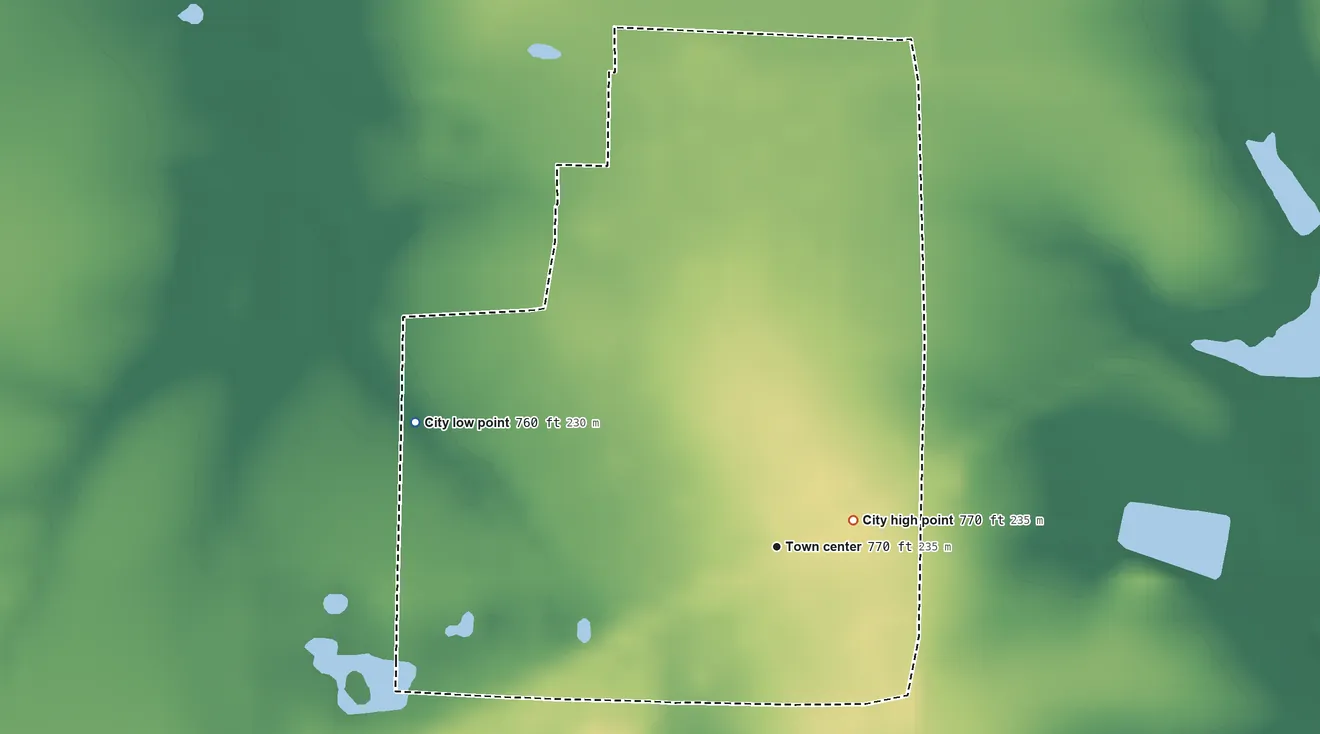 Topographic elevation map of Farber, Missouri, shaded from 760 ft on the west side to 770 ft near the middle