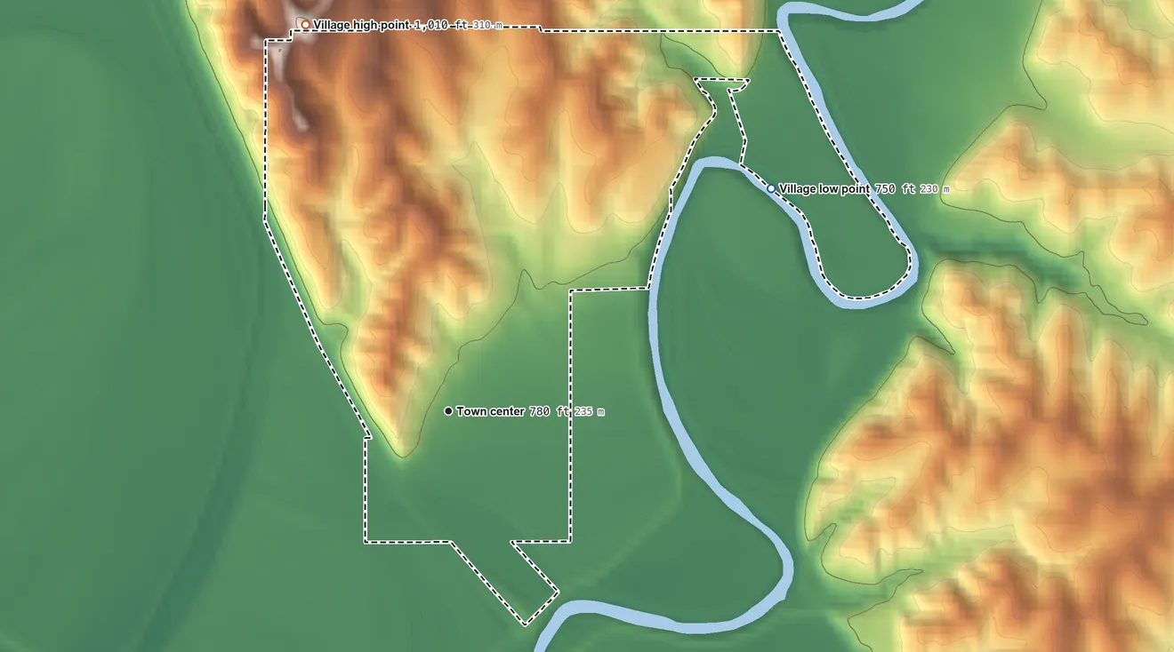 Topographic elevation map of Farley, Missouri, shaded from 750 ft on the northeast side to 1,010 ft on the north side