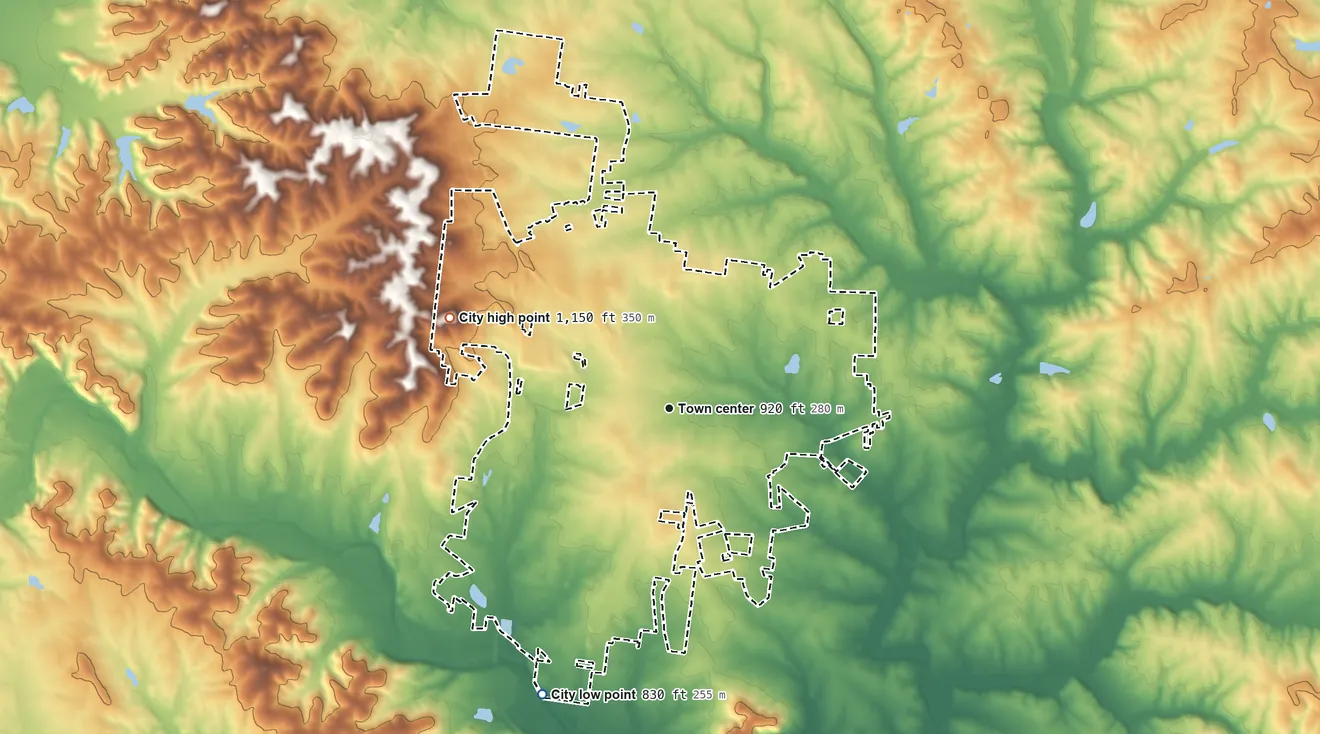 Topographic elevation map of Farmington, Missouri, shaded from 830 ft on the southwest side to 1,150 ft on the west side