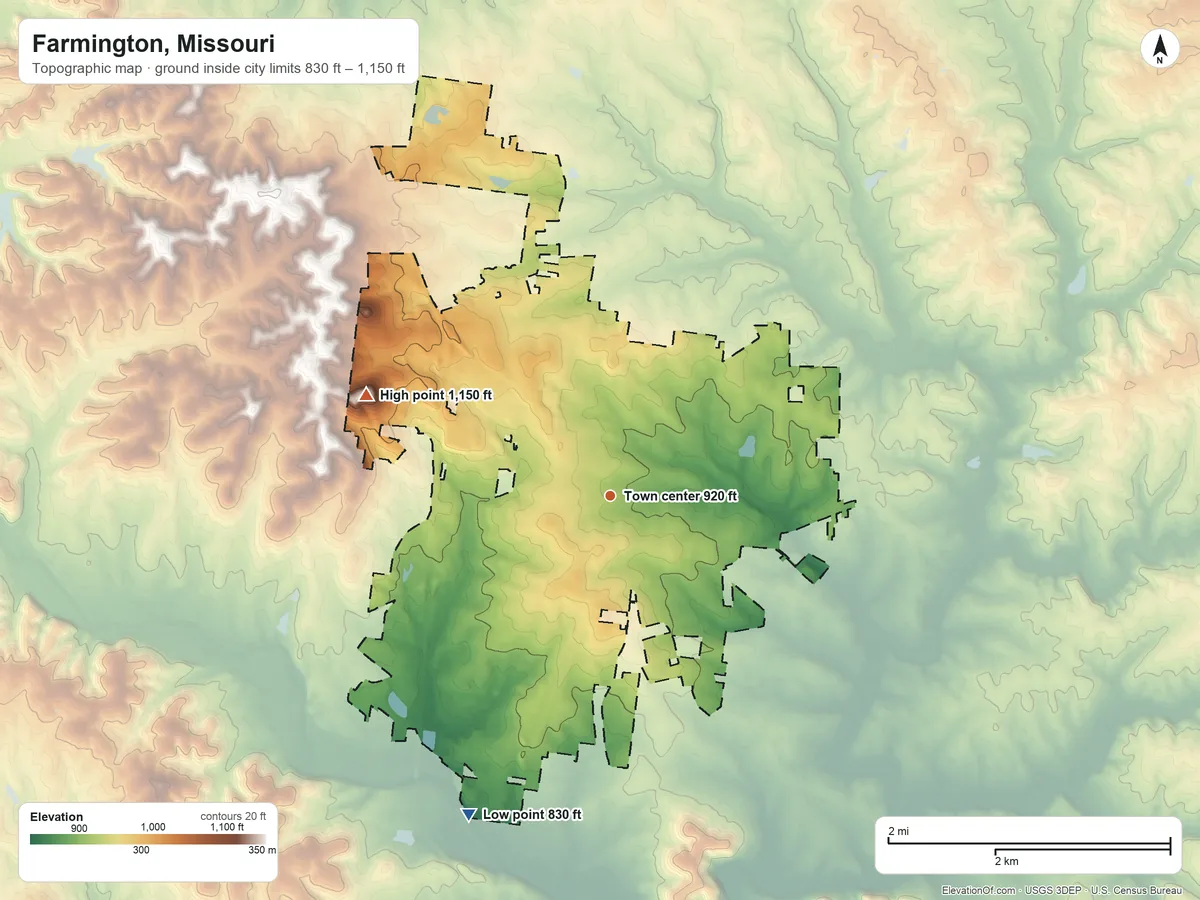 Topographic elevation map of Farmington, Missouri, shaded from 830 ft on the southwest side to 1,150 ft on the west side