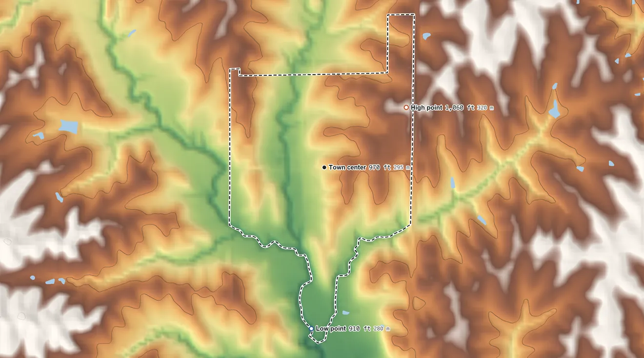Topographic elevation map of Faucett, Missouri, shaded from 910 ft on the south side to 1,060 ft on the northeast side