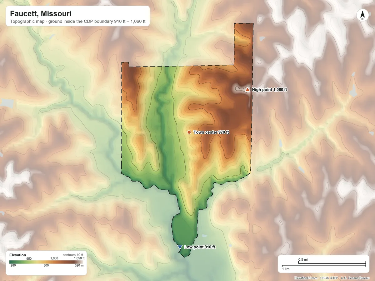Topographic elevation map of Faucett, Missouri, shaded from 910 ft on the south side to 1,060 ft on the northeast side