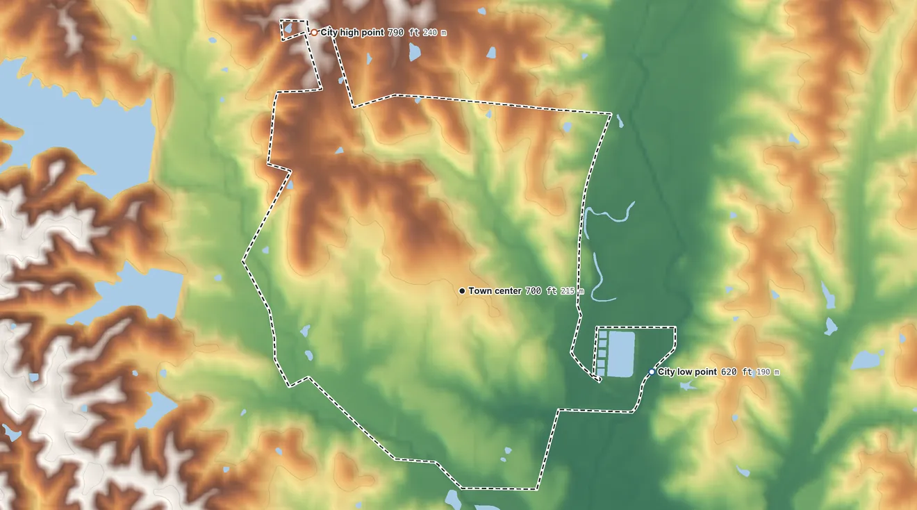 Topographic elevation map of Fayette, Missouri, shaded from 620 ft on the southeast side to 790 ft on the northwest side