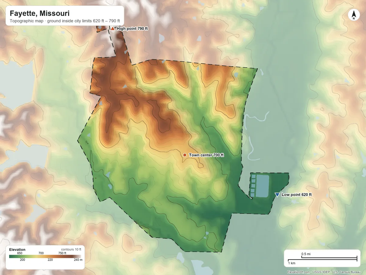 Topographic elevation map of Fayette, Missouri, shaded from 620 ft on the southeast side to 790 ft on the northwest side