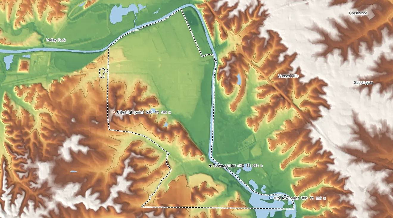 Topographic elevation map of Fenton, Missouri, shaded from 380 ft on the southeast side to 630 ft on the northwest side