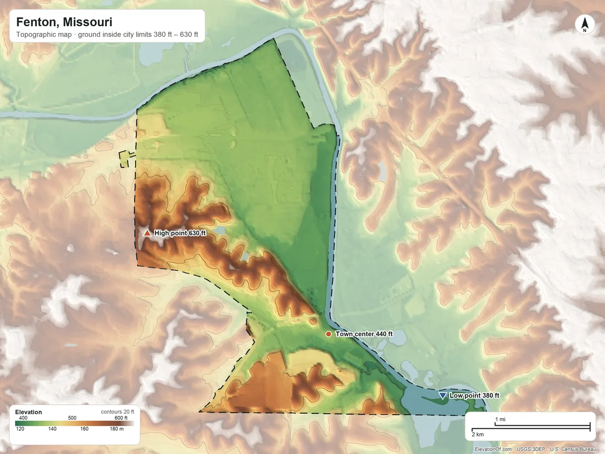 Topographic elevation map of Fenton, Missouri, shaded from 380 ft on the southeast side to 630 ft on the northwest side
