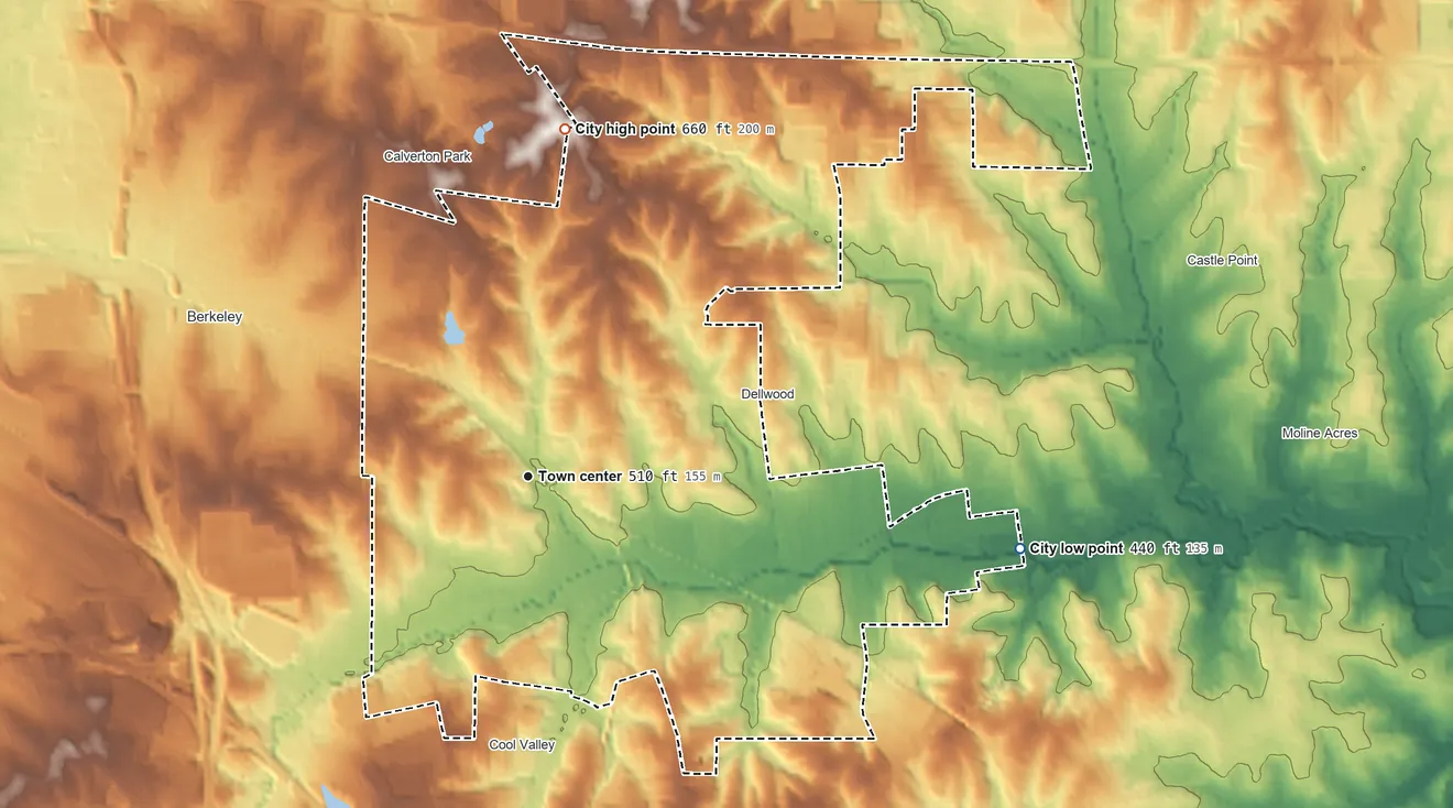 Topographic elevation map of Ferguson, Missouri, shaded from 440 ft on the east side to 660 ft on the north side