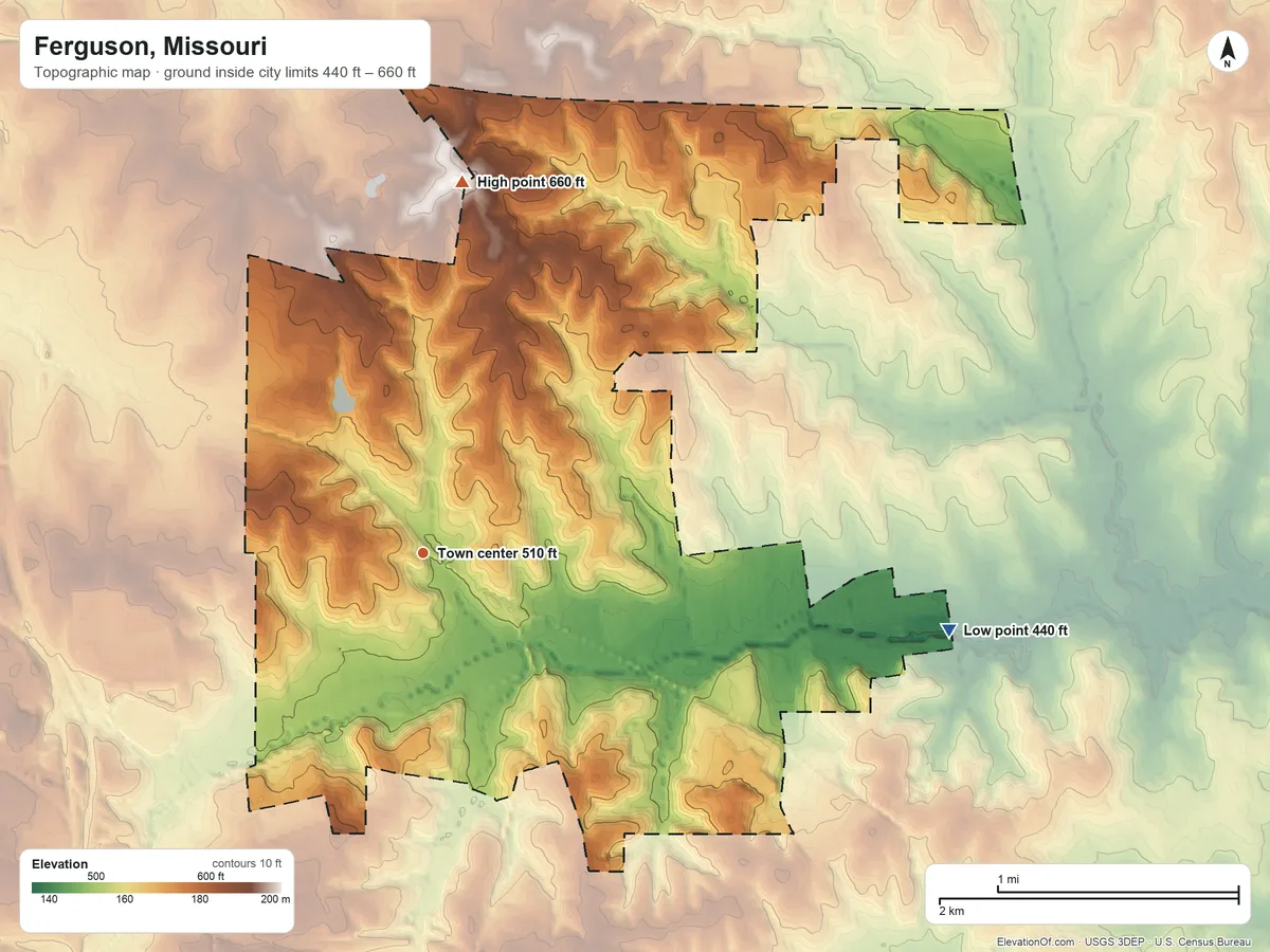 Topographic elevation map of Ferguson, Missouri, shaded from 440 ft on the east side to 660 ft on the north side