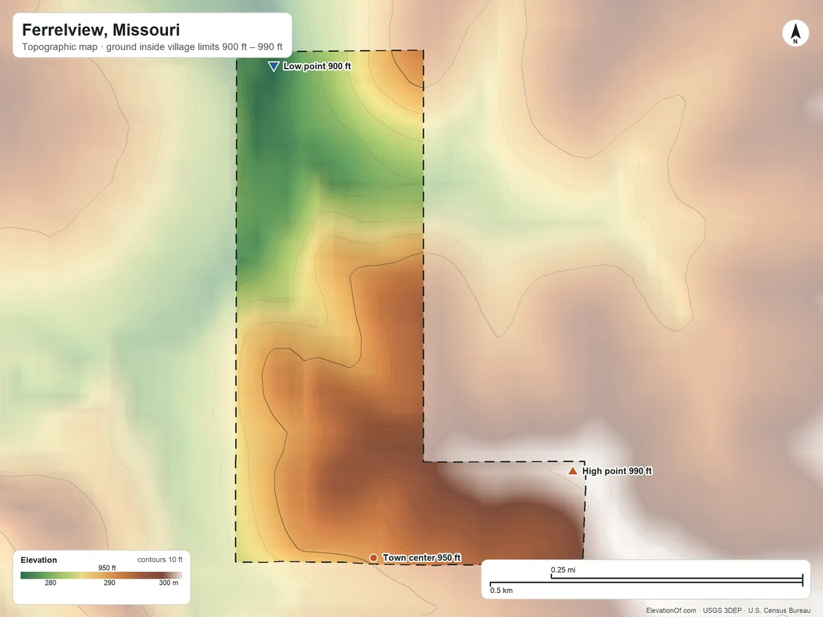 Topographic elevation map of Ferrelview, Missouri, shaded from 900 ft on the north side to 990 ft on the northeast side