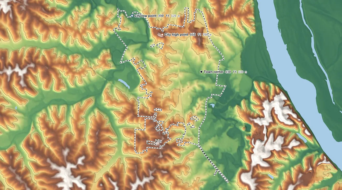 Topographic elevation map of Festus, Missouri, shaded from 390 ft on the northwest side to 660 ft on the northwest side