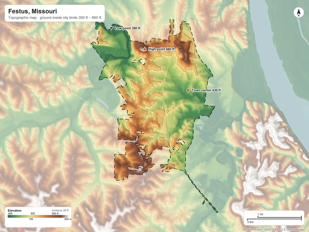 Topographic elevation map of Festus, Missouri, shaded from 390 ft on the northwest side to 660 ft on the northwest side