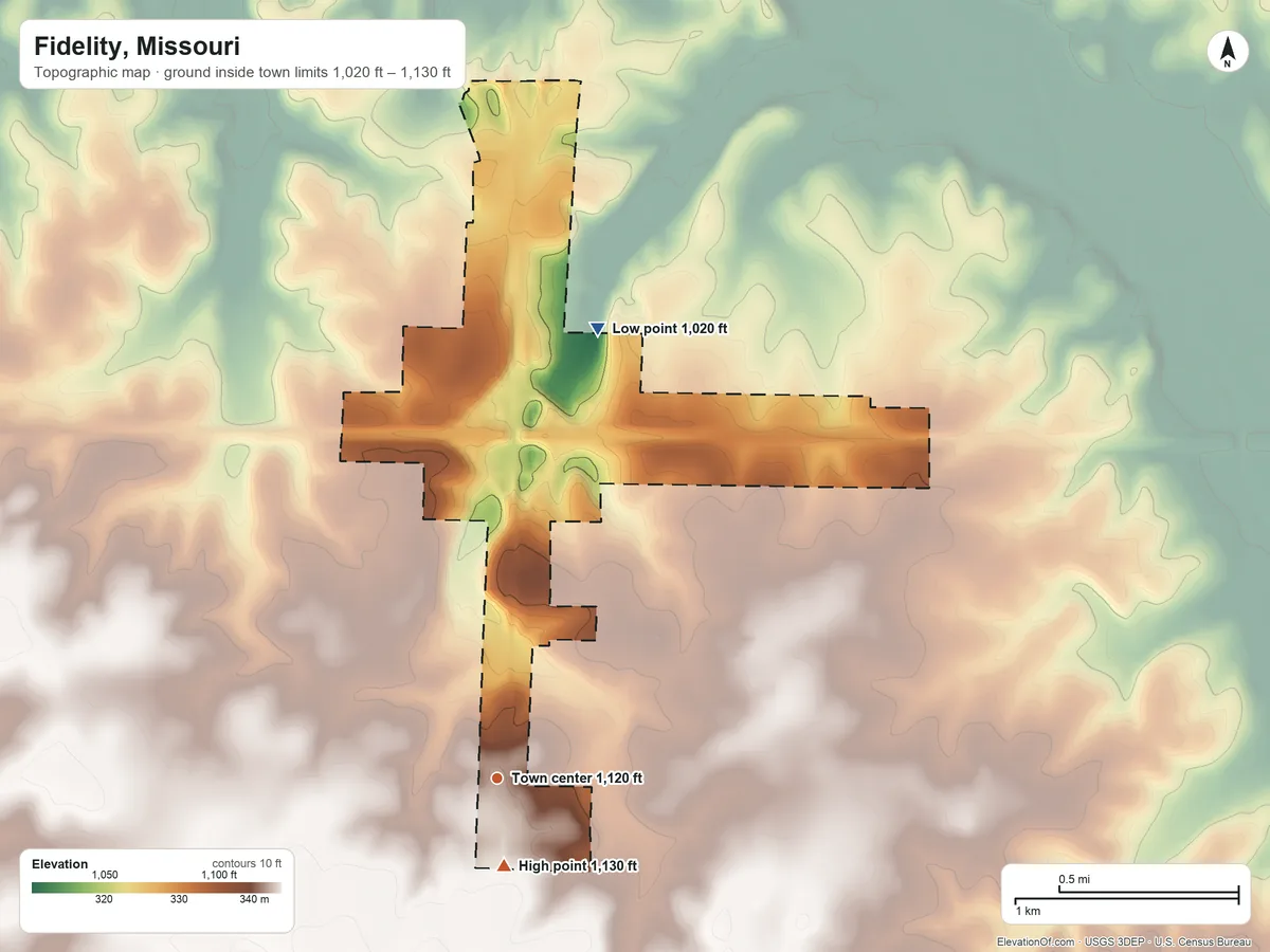 Topographic elevation map of Fidelity, Missouri, shaded from 1,020 ft on the north side to 1,130 ft near the middle