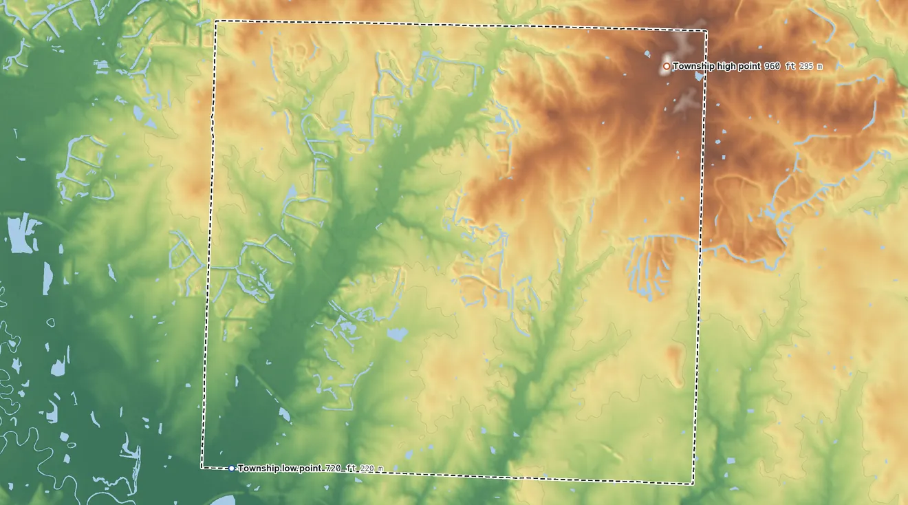Topographic elevation map of Fields Creek Township, Missouri, shaded from 720 ft on the west side to 960 ft on the north side