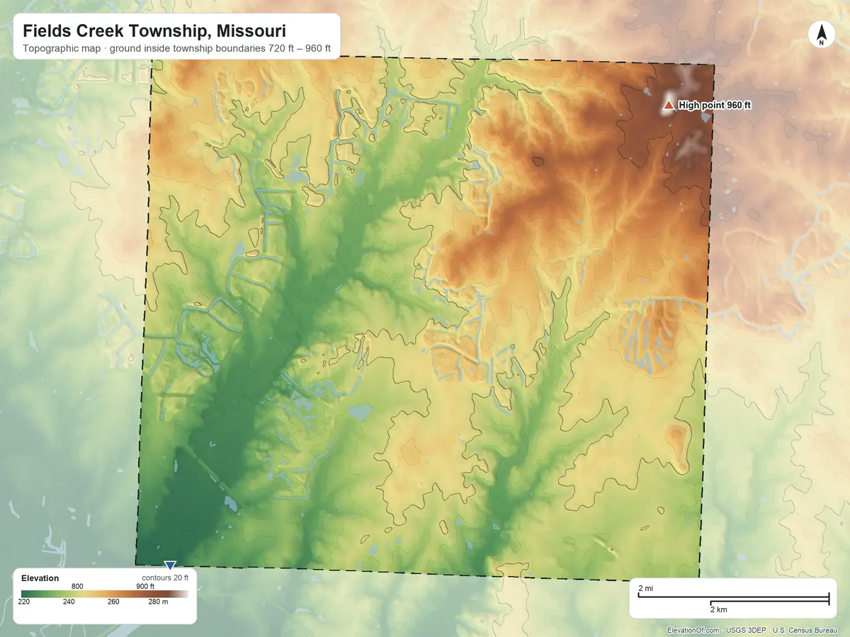 Topographic elevation map of Fields Creek Township, Missouri, shaded from 720 ft on the west side to 960 ft on the north side
