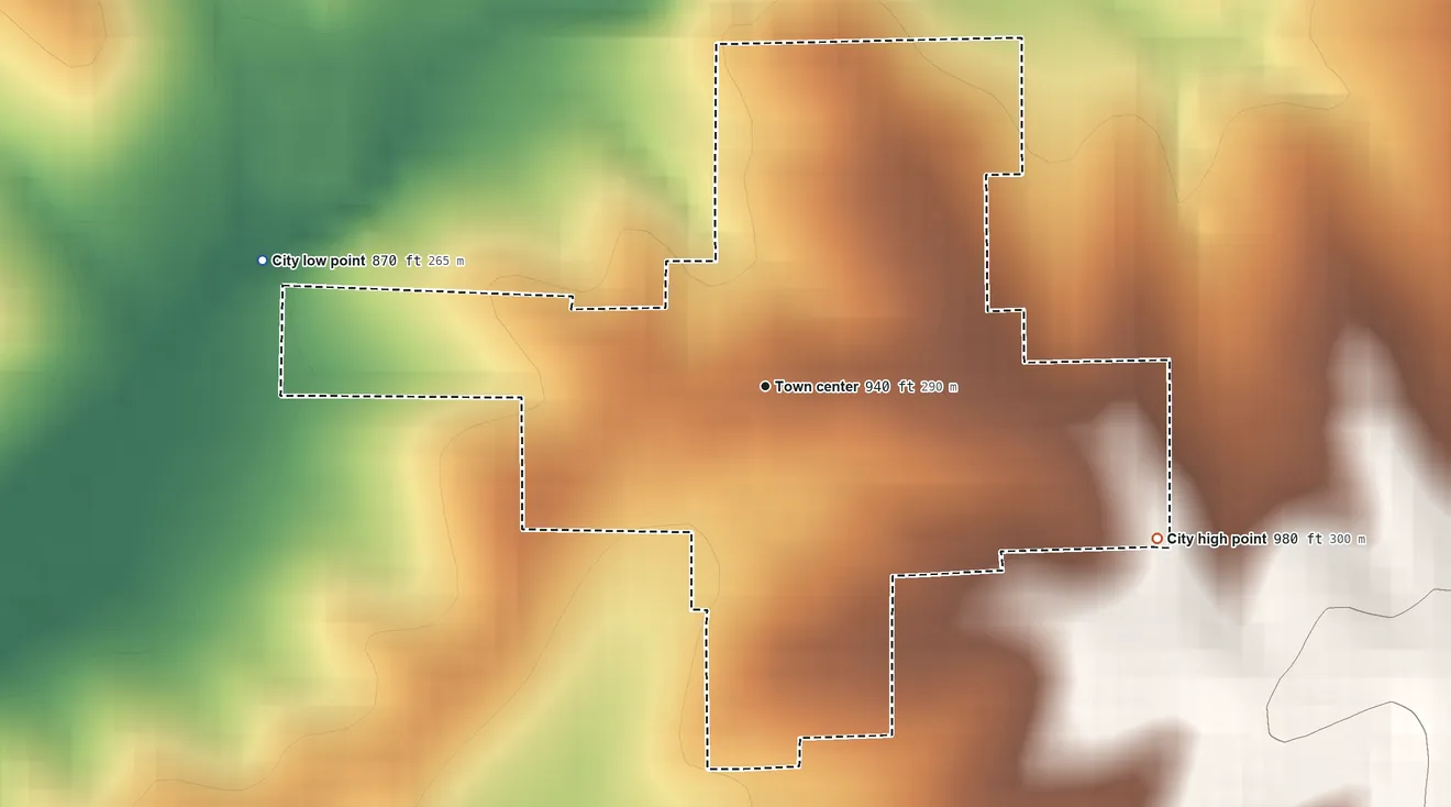 Topographic elevation map of Fillmore, Missouri, shaded from 870 ft on the west side to 980 ft on the east side