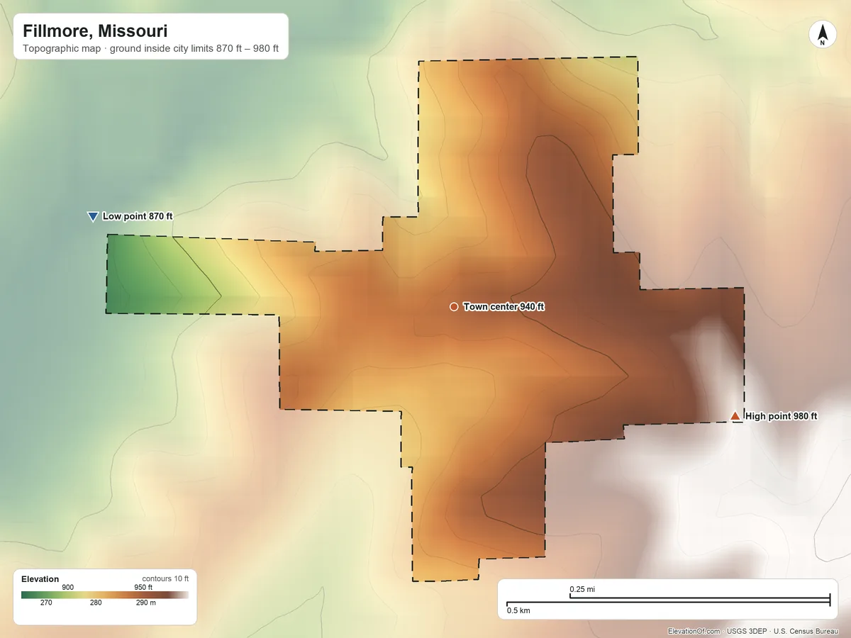Topographic elevation map of Fillmore, Missouri, shaded from 870 ft on the west side to 980 ft on the east side