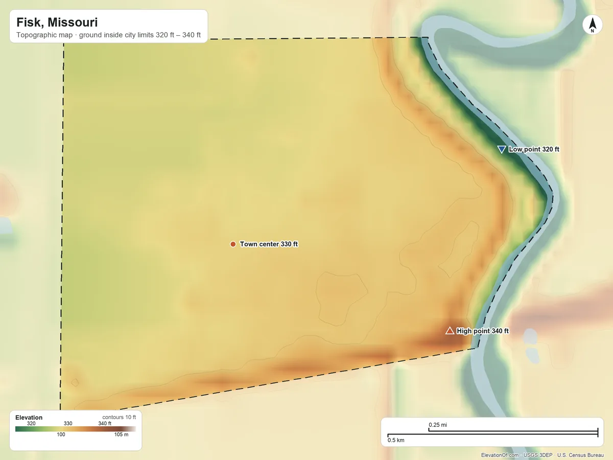 Topographic elevation map of Fisk, Missouri, shaded from 320 ft on the east side to 340 ft on the east side