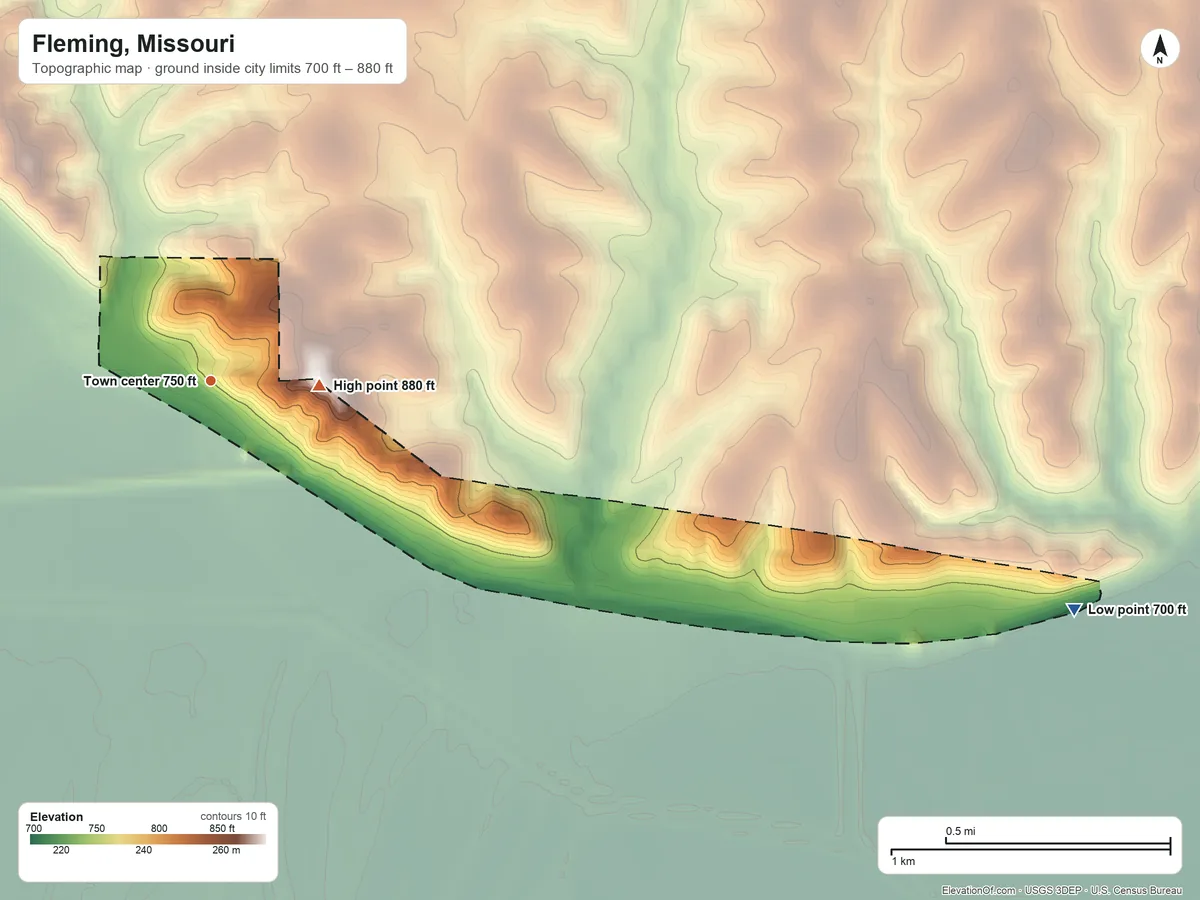 Topographic elevation map of Fleming, Missouri, shaded from 700 ft on the east side to 880 ft on the east side