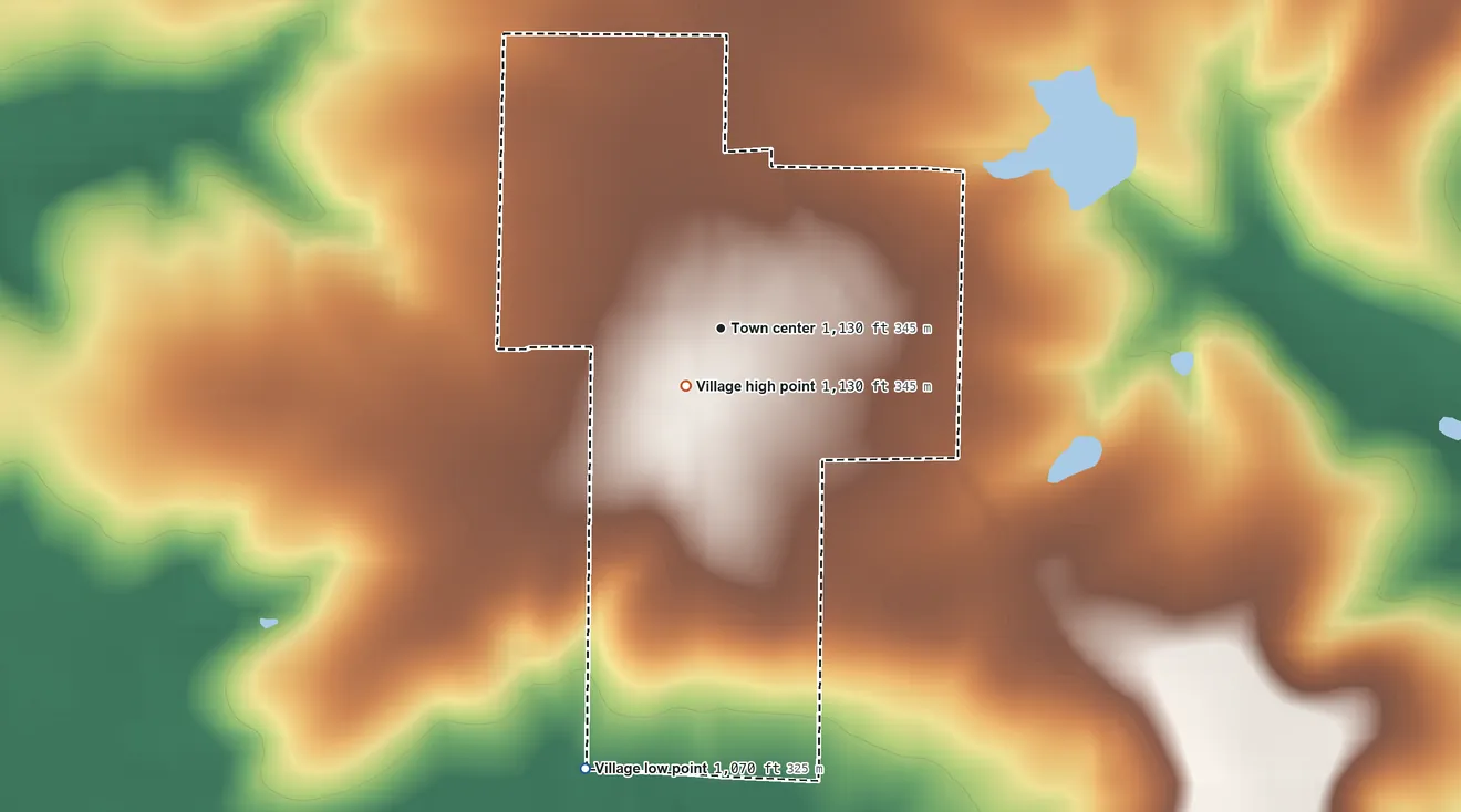 Topographic elevation map of Flemington, Missouri, shaded from 1,070 ft on the south side to 1,130 ft near the middle
