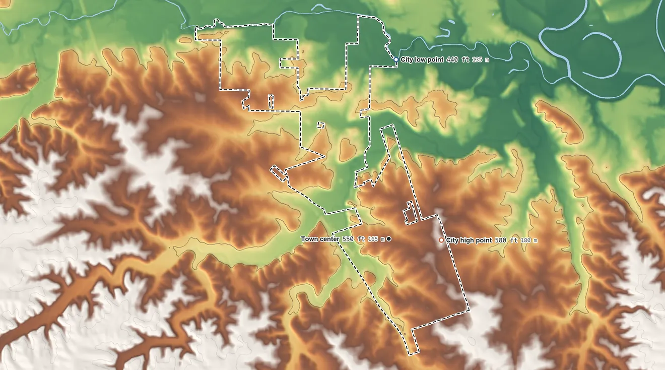 Topographic elevation map of Flint Hill, Missouri, shaded from 440 ft on the north side to 580 ft on the east side