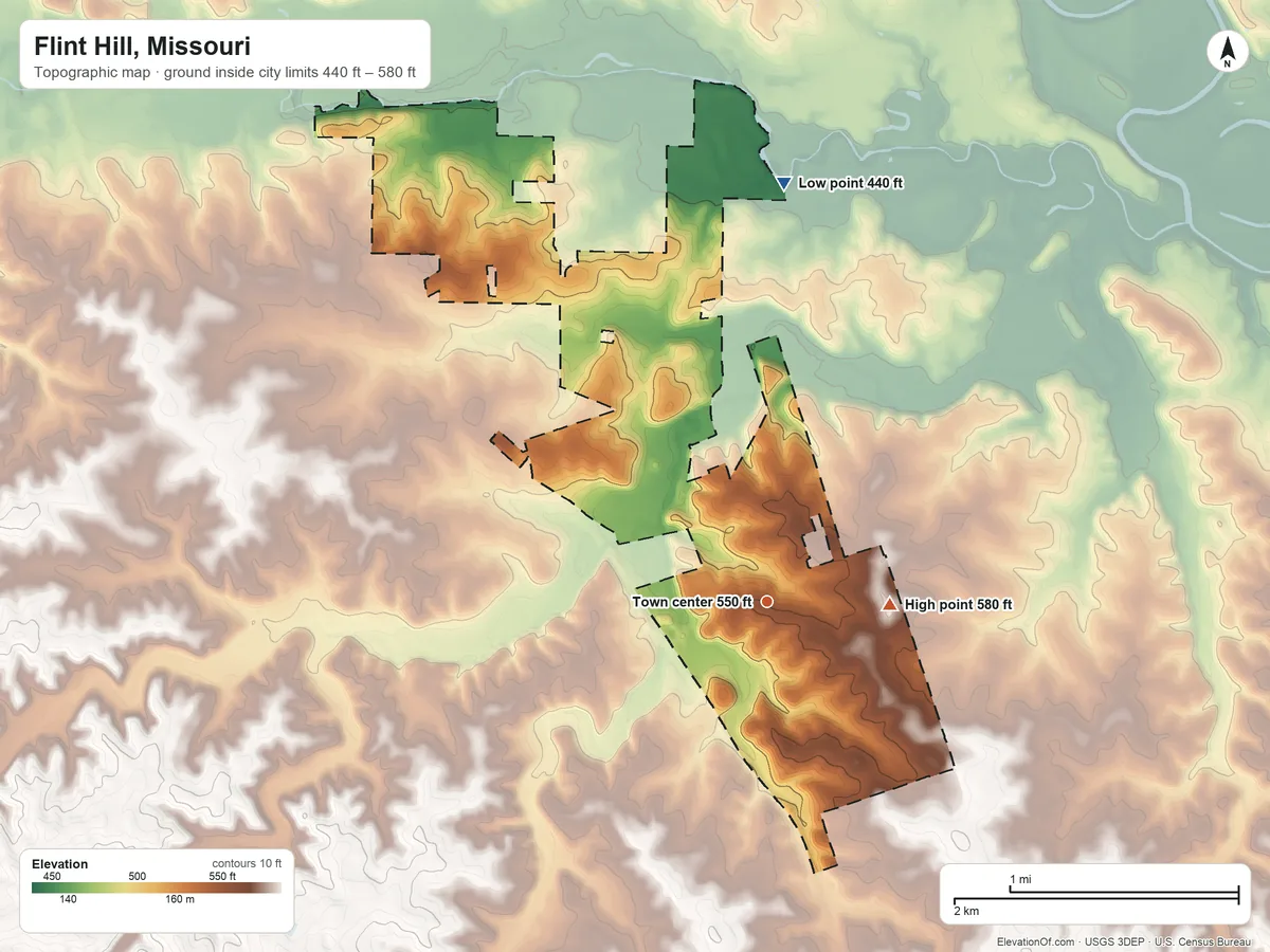 Topographic elevation map of Flint Hill, Missouri, shaded from 440 ft on the north side to 580 ft on the east side