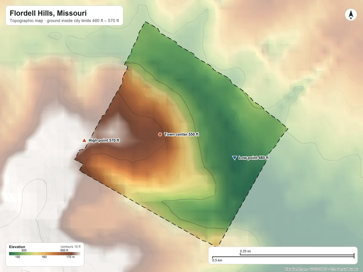 Topographic elevation map of Flordell Hills, Missouri, shaded from 480 ft on the east side to 570 ft on the west side