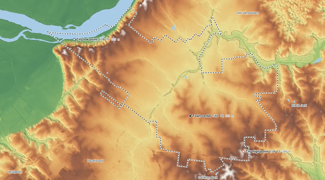 Topographic elevation map of Florissant, Missouri, shaded from 420 ft on the northwest side to 650 ft on the southeast side