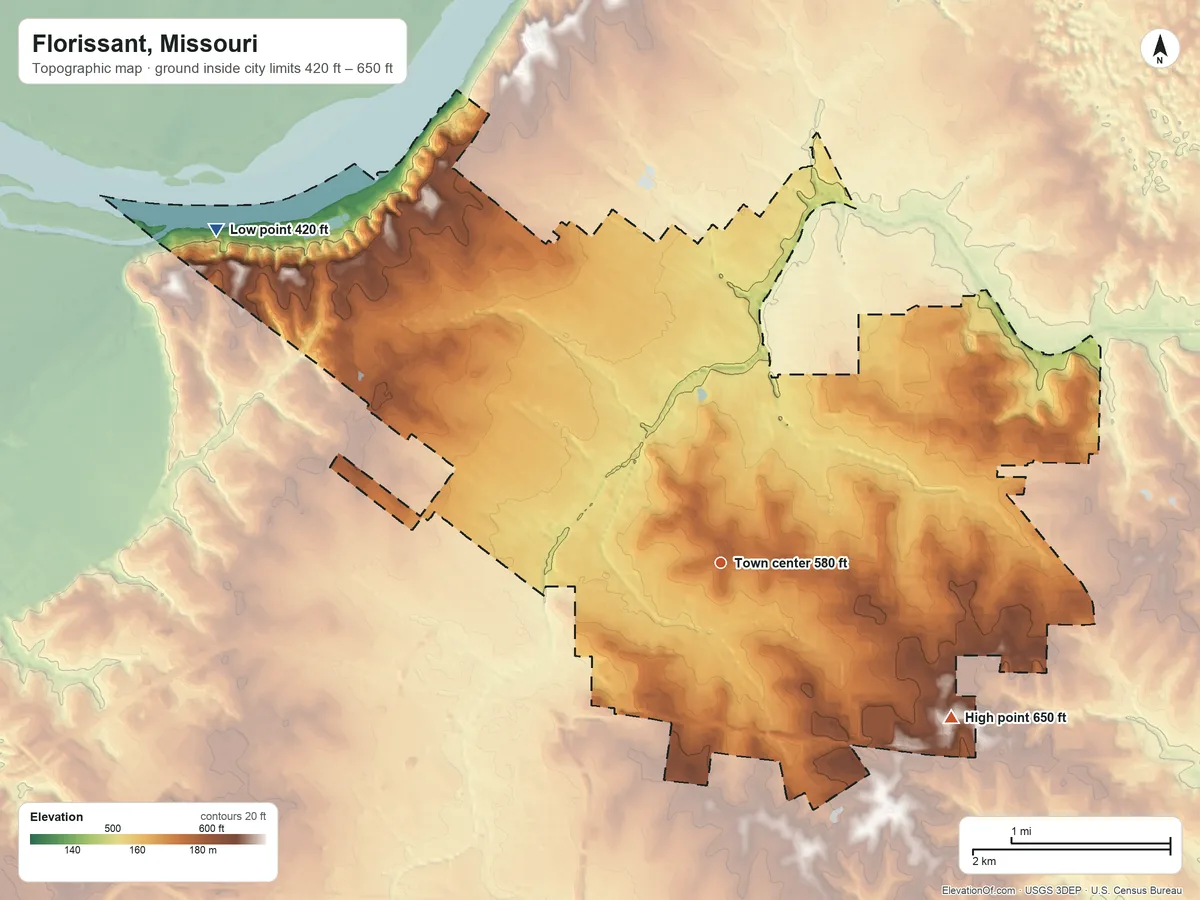 Topographic elevation map of Florissant, Missouri, shaded from 420 ft on the northwest side to 650 ft on the southeast side