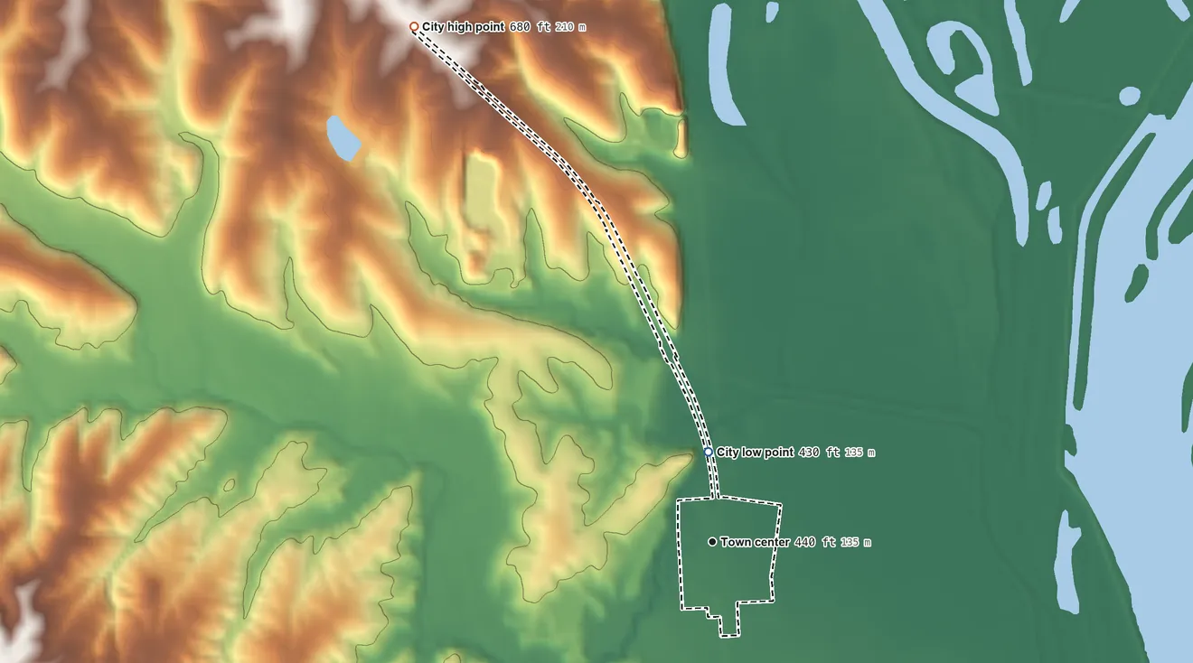 Topographic elevation map of Foley, Missouri, shaded from 430 ft on the north side to 680 ft on the northwest side
