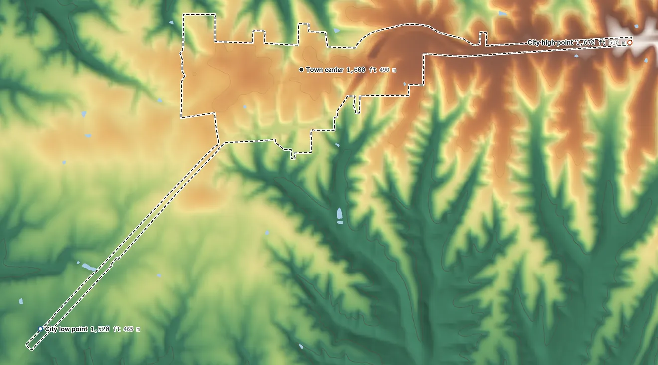 Topographic elevation map of Fordland, Missouri, shaded from 1,520 ft on the southwest side to 1,670 ft on the east side