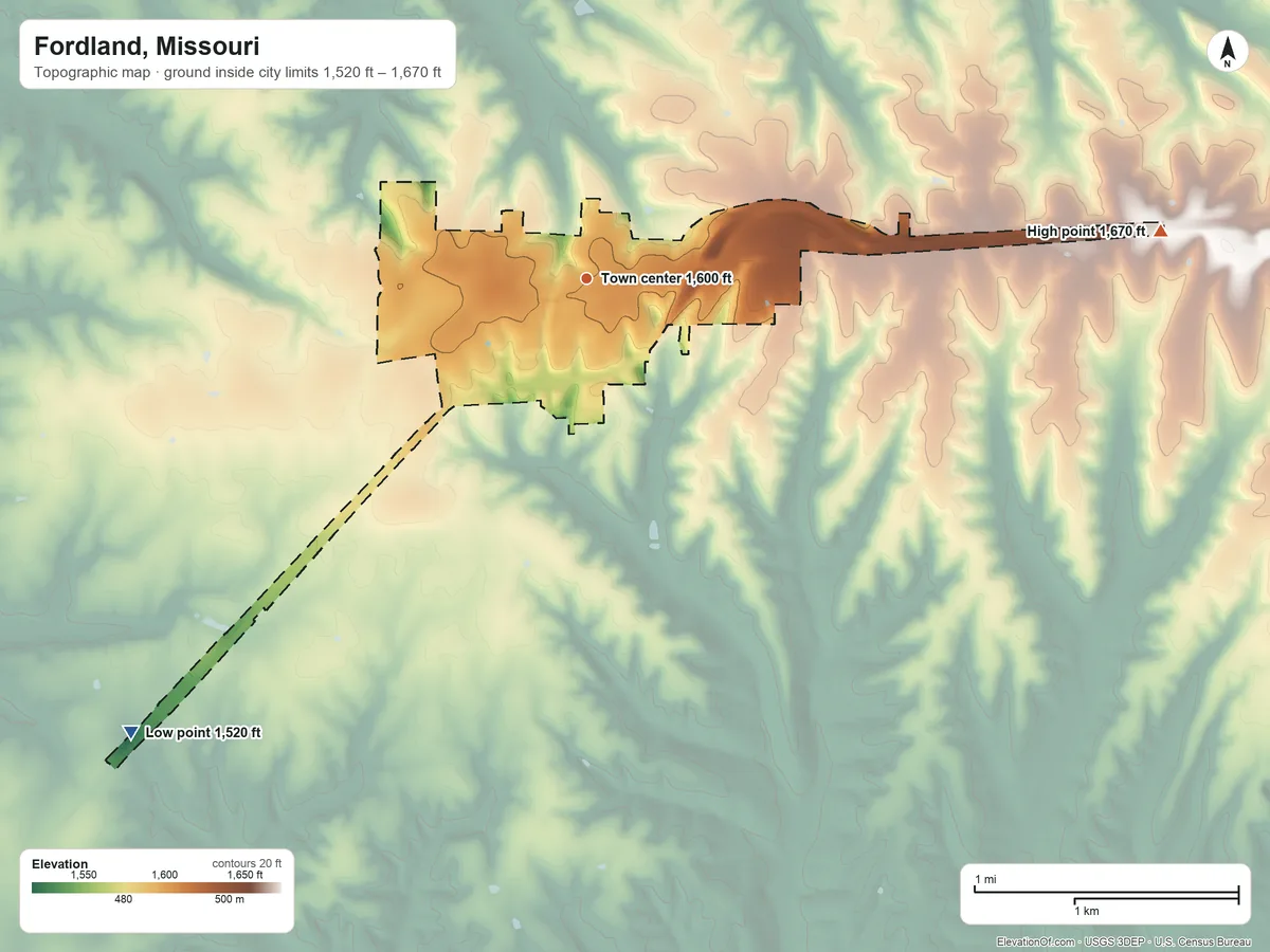 Topographic elevation map of Fordland, Missouri, shaded from 1,520 ft on the southwest side to 1,670 ft on the east side